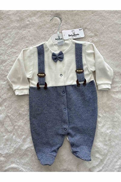 Bebelinna Baby Boy Brown Striped Velvet Jumpsuit with Straps and Snap Fasteners