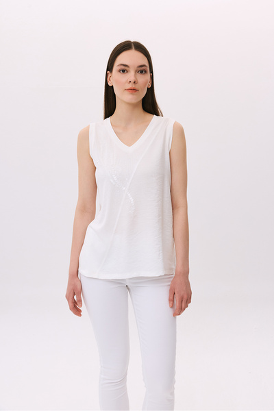DAIDO Women's V-Neck Sequin Detailed Sleeveless Blouse 4830 Ecru