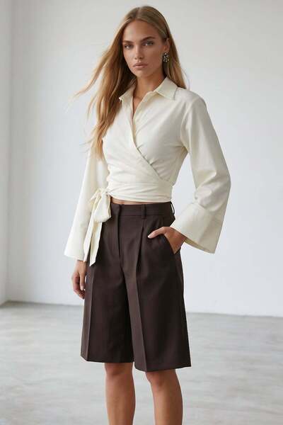 Trend Alaçatı Stili Women's Cream Wide Cuff Sleeve Detailed Tie-Front Poplin ...