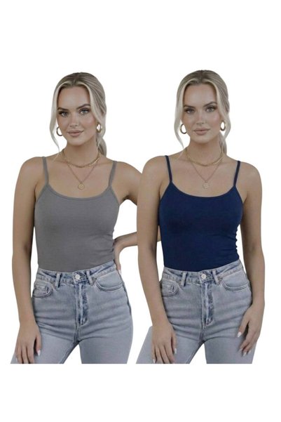 hashtag Women's Strappy Bodysuit 2-Pack Basic Thin Strappy Flexible Daily Top