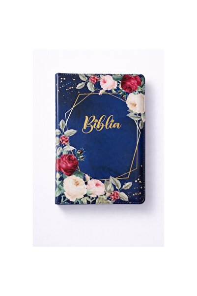 Light Store Biblie mare, piele ecologică, model floral albastru, fermoar, ind...