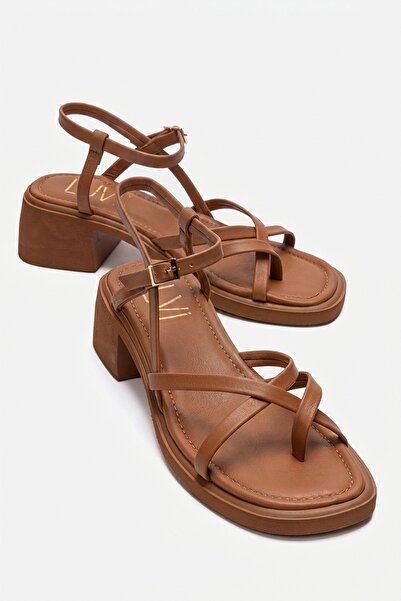 LuviShoes Cirelle Tan Genuine Leather Flip Flops Women's Thick Heeled Sandals