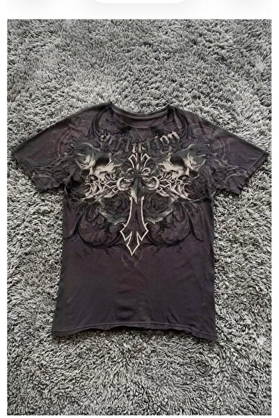 Köstebek Anthracite Affliction Double Skull Cross Y2K Unisex T-Shirt