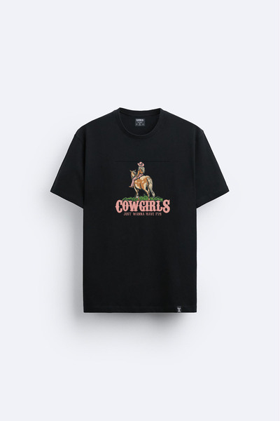 AYDESİGN Tricou negru cu imprimeu Cowboy Pinterest, cu gâtul tip crewneck