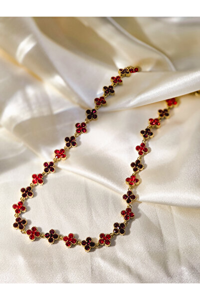 No Label Ατσάλινο Choker "Ruby Clover" με Κόκκινους Κρυστάλλους