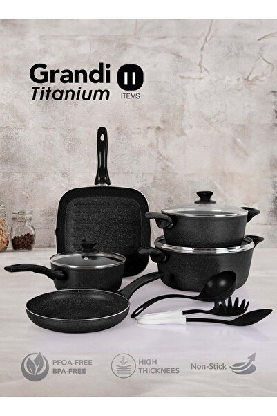 GRANDİ Granite Coated Pots And Pans Cookware Titanium Set 11 PCS Non-Stick Ba...