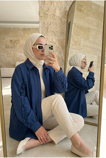Kirazca Butik Double Stripe Ruffle Detailed Poplin Hijab Shirt