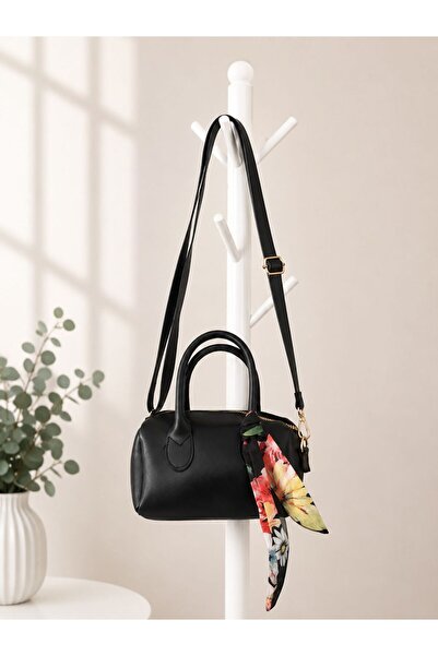 SİDEES ÇANTA Black Mini Hand & Shoulder Bag – Gold Detailed, Scarf Accessory