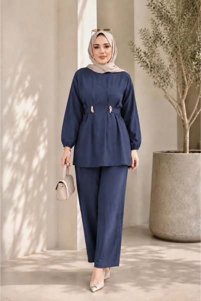 ASTEMİA Women's Gold Brooch Detailed Two-Piece Hijab Suit with Adjustable Wai...