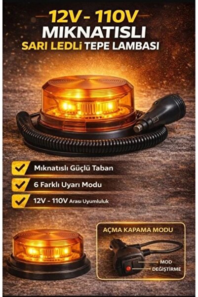 AHMET OTOMOTİV 12v/110volt Sarı Sarı Ledli Çakmak Fişli Mıknatıslı Tepe Lambası