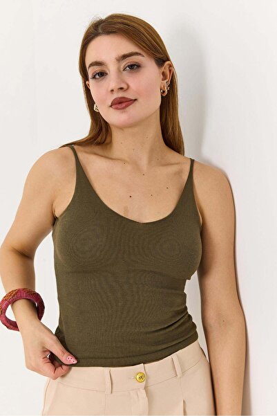 Raneel Kazançlı Alışveriş Women's basic khaki v-neck strappy knit top