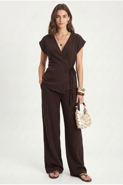 Ritnice Women's Kelsey Asymmetrical Tie-Up Vest Elastic Waist Trousers Woven ...