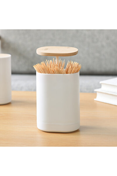 Choice S0010 Press-Style Cotton Swab Dispenser - Bamboo Lid Pop-up Toothpick ...