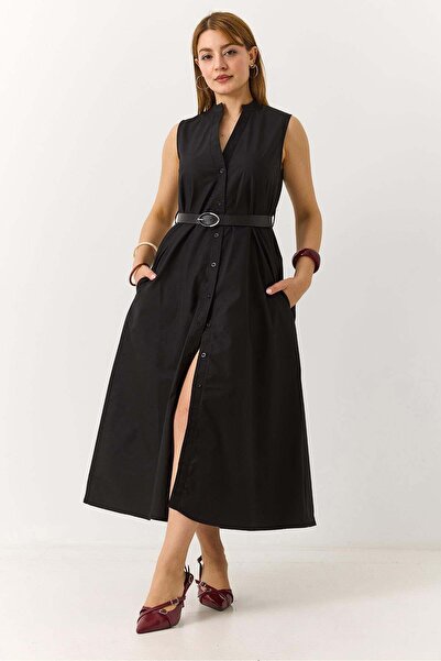 Raneel Kazançlı Alışveriş Women's judge collar a-line leather belted dress black