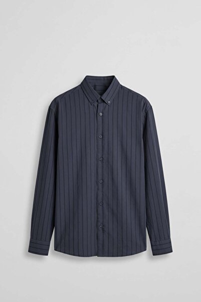 ablukaonline Men's Oversize Textured Striped Long Sleeve Shirt Navy Blue