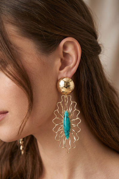 PETEK AKSESUAR Large Metal Flower Turquoise Earrings 10 Cm.
