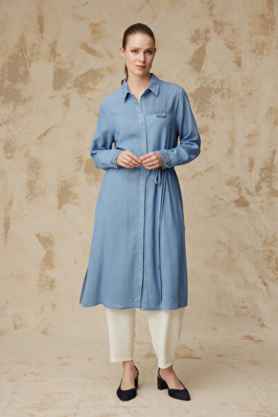 Zühre Belted Openwork Detailed Classic Collar Blue Tunic 1627