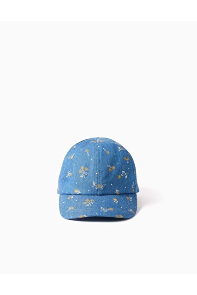 Ziddy Denim Cap With Floral Motif For Babies And Girls Blue