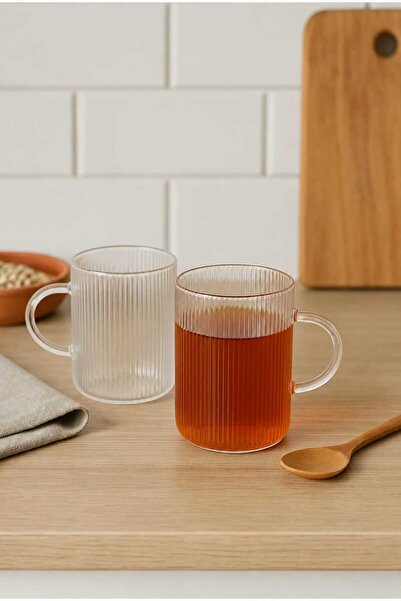 gifted 2 Pieces of Striped Glass Coffee and Tea Cups with Handles 150 ml