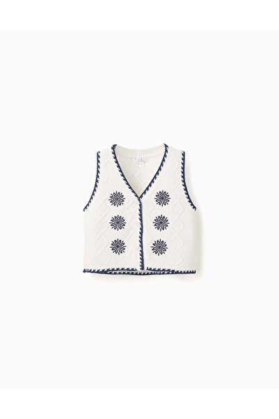 Ziddy Cotton Knitted Vest With Embroidered Flowers For Girls White Dark Blue