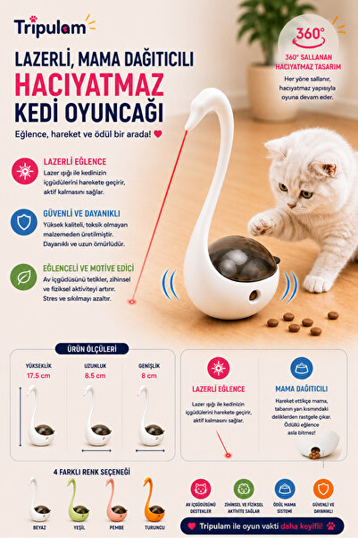 TRİPULAM Lazerli Kuğu Şekilli Mama Dağıtıcılı Hacıyatmaz Kedi Oyuncağı – Mama...