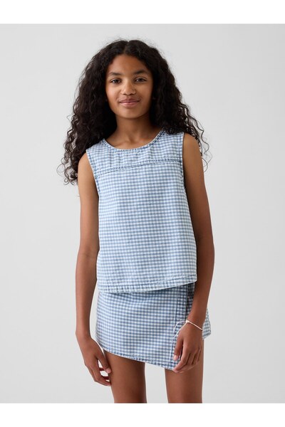GAP Kız Çocuk Mavi Gingham Denim Shell Askılı Üst