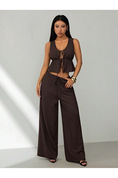 poswicon Brown Vest with Two Front Tie Details, Cropped Wide-Leg Pants, Top-B...