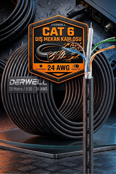 Derwell 20 Metre Cat 6 Dış Mekan İnternet Ethernet Kablosu 24 AWG UV Dayanıkl...