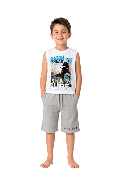 onymino Boy's Top and Bottom Set, Printed White Undershirt, Gray Shorts with ...