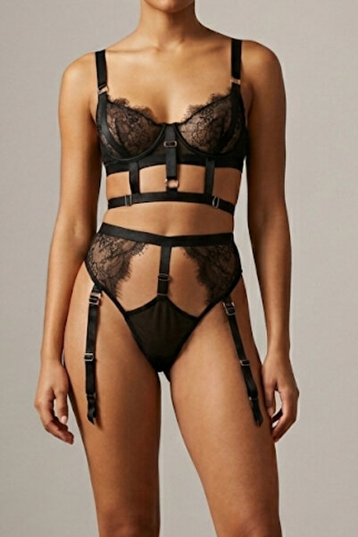 Kadın Siyah Dantelli Strappy Detaylı Jartiyer Takımı 9307