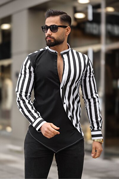 BAYIM Erkek Slim-Fit Hakim Yaka Kontrast Çizgi Panelli Premium Lüks Gömlek