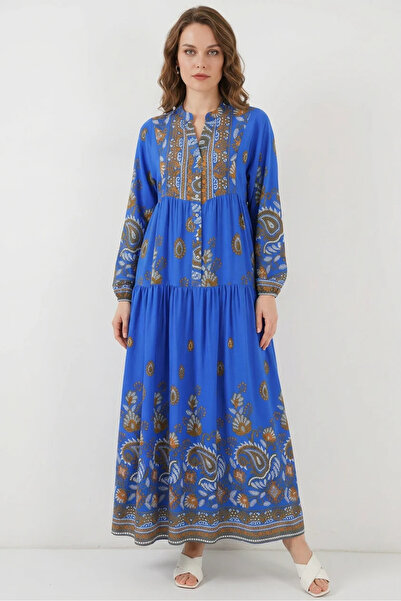 buğrahayalin Women's High Collar, Gathered Waist, Long Sleeve, Authentic Patt...