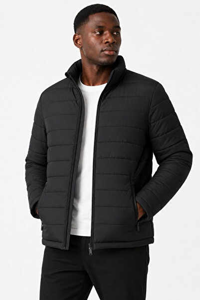 ZELASU Men's Black Water-Repellent Windproof Quilted Fiber-Filled Stand Colla...