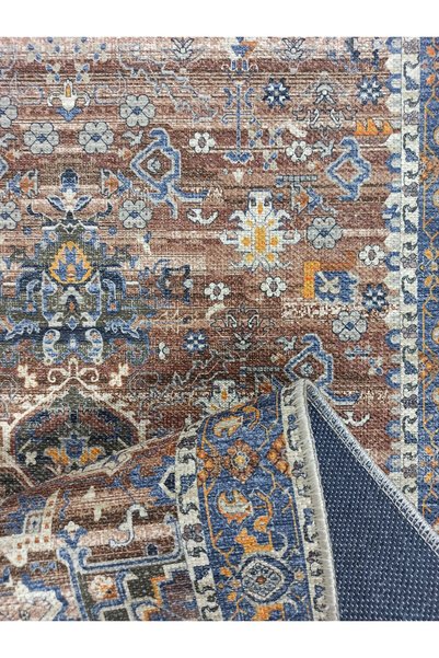 Pera Halı Kahve ve Lacivert Medalyonlu Toprak Tonlu Vintage Yolluk - TK306OU