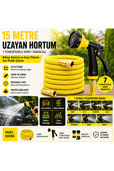SGS 15 Metre Uzayan Bahçe ve Araç Yıkama Hortumu 7 Fonksiyonlu Sprey Tabancalı