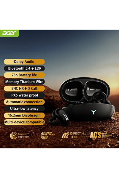 Choice سماعات أذن بلوتوث سوداء من Acer Clip-on OWS OHR206 IP5 مقاومة للماء بج...