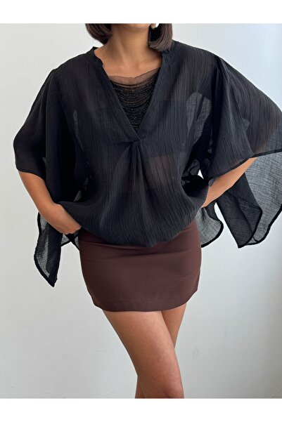 CrepTekstil Crep Women's Beaded Detailed Bat Sleeve V-Neck Loose Chiffon Blou...
