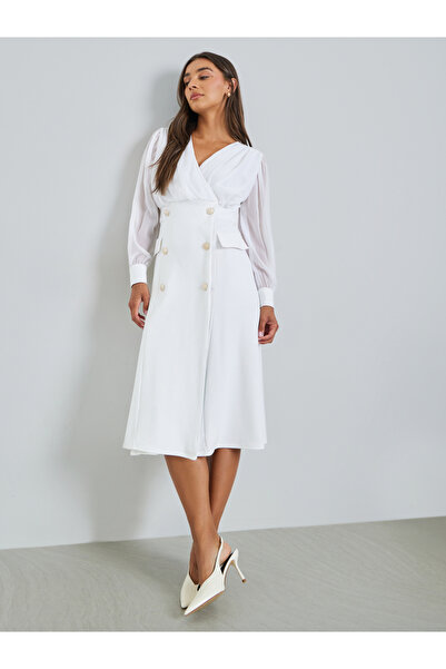 Styli White Blazer Midi Dress with Long Sleeves