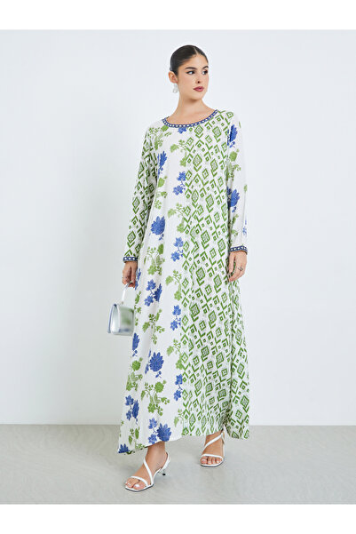Amirah By Styli Green All Over Print Jalabiya