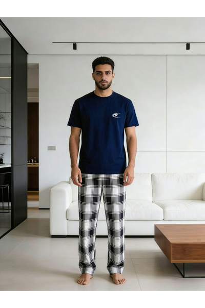 Take Two By Styli Men Printed Round Neck T-Shirt and Checked Pants Set