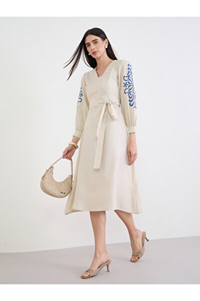 Styli Cream Embroidered Sleeves A-Line Midi Dress