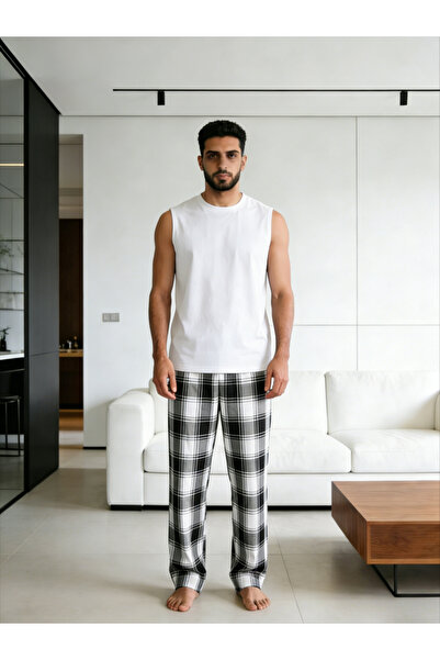 Take Two By Styli Men Solid Round Neck Tank and Checked Pants Set