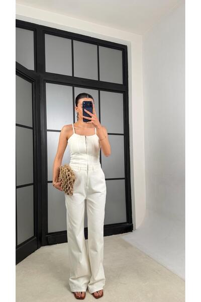 GAUS CO Ekru Ayarlanabilir Askılı Denim Tulum GAUS-01521