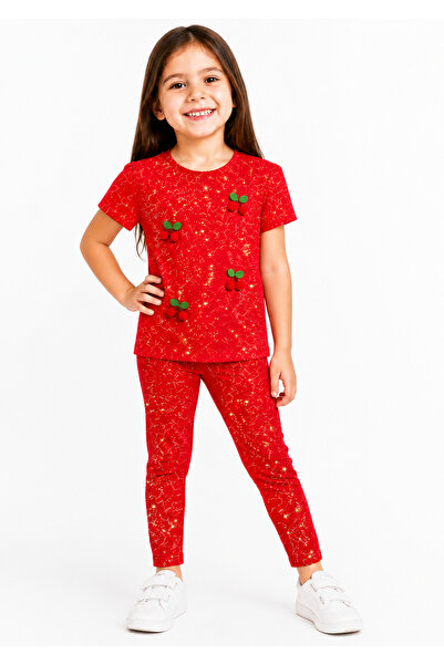 Melisa Ticaret Girl's Red Glitter Cherry Detailed Leggings and Top Set with S...