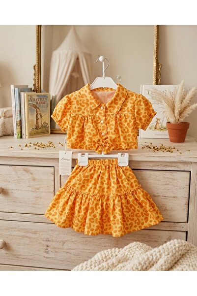 RÜYA KİDS Girl's Summer Festive Leopard Pattern Skirt Crop 2-Piece Top and Bo...