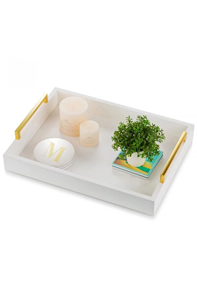 NO BREND Set 3 tăvi decorative albe din lemn MDF cu mânere aurii, tăvi de ser...