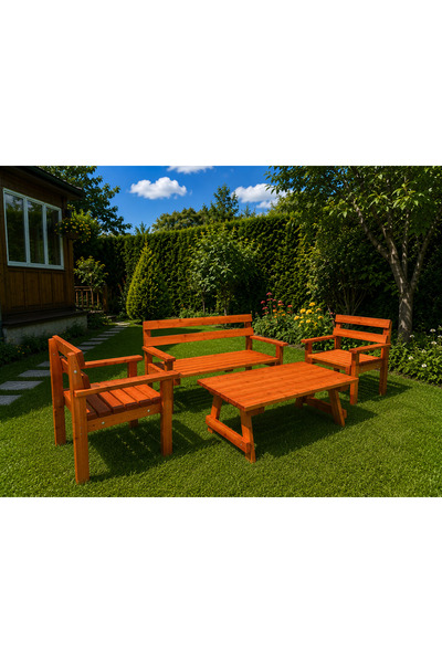 ALAÇAM MOBİLYA Ahşap Bahçe Oturma Grubu 2+1+1 Sehpalı Takım