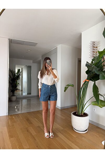 MERVE AKSOY Pullu Denim Şort - Mavi