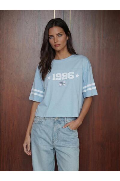 WeShaya Blue Cotton Printed Oversize Basic Short Sleeve Crew Neck Tshirt