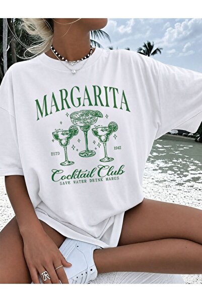 LELVANİ Women's Green Margarita Cocktail Club Printed T-Shirt